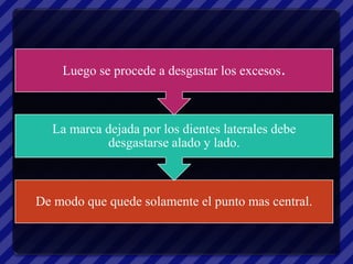Luego se procede a desgastar los excesos.



  La marca dejada por los dientes laterales debe
           desgastarse alado y lado.



De modo que quede solamente el punto mas central.
 