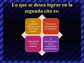 Lo que se desea lograr en la
     segunda cita es:
           Seis
        contactos        Protrusión
       anteriores en   efectuada por
        cierre mas     los centrales.
         retruido.


                             No
       Lateralidad     interferencias
         con los           en las
        caninos.        excursiones
                       mandibulares.
 