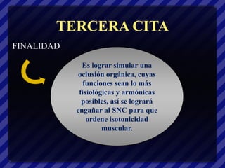 TERCERA CITA
FINALIDAD

              Es lograr simular una
             oclusión orgánica, cuyas
              funciones sean lo más
             fisiológicas y armónicas
              posibles, así se logrará
            engañar al SNC para que
                ordene isotonicidad
                     muscular.
 