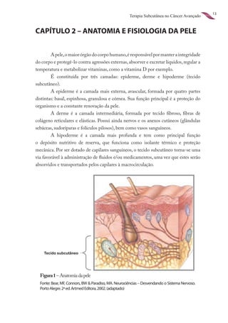 13
                                                      Terapia Subcutânea no Câncer Avançado


CAPÍTULO 2 – ANATOMIA E FISIOLOGIA DA PELE


        A pele, o maior órgão do corpo humano, é responsável por manter a integridade
do corpo e protegê-lo contra agressões externas, absorver e excretar líquidos, regular a
temperatura e metabolizar vitaminas, como a vitamina D por exemplo.
        É constituída por três camadas: epiderme, derme e hipoderme (tecido
subcutâneo).
        A epiderme é a camada mais externa, avascular, formada por quatro partes
distintas: basal, espinhosa, granulosa e córnea. Sua função principal é a proteção do
organismo e a constante renovação da pele.
        A derme é a camada intermediária, formada por tecido fibroso, fibras de
colágeno reticulares e elásticas. Possui ainda nervos e os anexos cutâneos (glândulas
sebáceas, sudoríparas e folículos pilosos), bem como vasos sanguíneos.
        A hipoderme é a camada mais profunda e tem como principal função
o depósito nutritivo de reserva, que funciona como isolante térmico e proteção
mecânica. Por ser dotado de capilares sanguíneos, o tecido subcutâneo torna-se uma
via favorável à administração de fluidos e/ou medicamentos, uma vez que estes serão
absorvidos e transportados pelos capilares à macrocirculação.




  Figura 1 – Anatomia da pele
  Fonte: Bear, MF, Connors, BW & Paradiso, MA. Neurociências – Desvendando o Sistema Nervoso.
  Porto Alegre. 2ª ed. Artmed Editora, 2002. (adaptado)
 