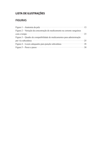 LISTA DE ILUSTRAÇÕES

FIGURAS

Figura 1 – Anatomia da pele                                                13
Figura 2 – Variação da concentração do medicamento na corrente sanguínea
com o tempo                                                                23
Figura 3 – Quadro de compatibilidade de medicamentos para administração
por via subcutânea                                                         25
Figura 4 – Locais adequados para punção subcutânea                         28
Figura 5 – Passo a passo                                                   30
 