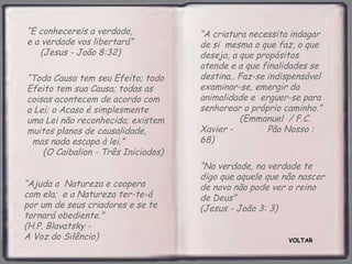 VOLTAR “ E conhecereis a verdade,  e a verdade vos libertará”  (Jesus - João 8:32) “ Ajuda a  Natureza e coopera com ela;  e a Natureza ter-te-á por um de seus criadores e se te tornará obediente.”  (H.P. Blavatsky -  A Voz do Silêncio) “ Toda Causa tem seu Efeito; todo Efeito tem sua Causa; todas as coisas acontecem de acordo com  a Lei; o Acaso é simplesmente  uma Lei não reconhecida; existem muitos planos de causalidade,  mas nada escapa à lei.”  (O Caibalion - Três Iniciados) “ A criatura necessita indagar de si  mesma o que faz, o que deseja, a que propósitos atende e a que finalidades se destina.. Faz-se indispensável examinar-se, emergir da animalidade e  erguer-se para senhorear o próprio caminho.”  (Emmanuel  / F.C. Xavier -  Pão Nosso : 68) “ Na verdade, na verdade te digo que aquele que não nascer de novo não pode ver o reino de Deus”  (Jesus - João 3: 3) 