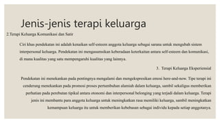 Jenis-jenis terapi keluarga
2.Terapi Keluarga Komunikasi dan Satir
Ciri khas pendekatan ini adalah kenaikan self-esteem anggota keluarga sebagai sarana untuk mengubah sistem
interpersonal keluarga. Pendekatan ini mengasumsikan keberadaan keterkaitan antara self-esteem dan komunikasi,
di mana kualitas yang satu mempengaruhi kualitas yang lainnya.
3. Terapi Keluarga Eksperiensial
Pendekatan ini menekankan pada pentingnya mengalami dan mengekspresikan emosi here-and-now. Tipe terapi ini
cenderung menekankan pada promosi proses pertumbuhan alamiah dalam keluarga, sambil sekaligus memberikan
perhatian pada perebutan tipikal antara otonomi dan interpersonal belonging yang terjadi dalam keluarga. Terapi
jenis ini membantu para anggota keluarga untuk meningkatkan rasa memiliki keluarga, sambil meningkatkan
kemampuan keluarga itu untuk memberikan kebebasan sebagai individu kepada setiap anggotanya.
 
