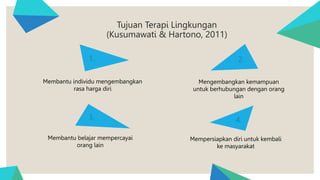 Tujuan Terapi Lingkungan
(Kusumawati & Hartono, 2011)
Membantu individu mengembangkan
rasa harga diri
Membantu belajar mempercayai
orang lain
Mengembangkan kemampuan
untuk berhubungan dengan orang
lain
Mempersiapkan diri untuk kembali
ke masyarakat
1.
4.
2.
3.
 