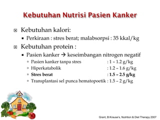  Kebutuhan kalori:
 Perkiraan : stres berat; malabsorpsi : 35 kkal/kg
 Kebutuhan protein :
 Pasien kanker  keseimbangan nitrogen negatif
 Pasien kanker tanpa stres : 1 – 1.2 g/kg
 Hiperkatabolik : 1.2 – 1.6 g/kg
 Stres berat : 1.5 – 2.5 g/kg
 Transplantasi sel punca hematopoetik : 1.5 – 2 g/kg
Grant, B.Krause’s, Nutrition & Diet Therapy 2007
 