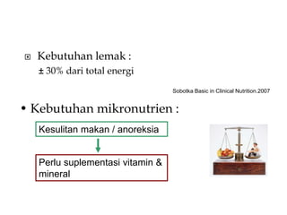  Kebutuhan lemak :
± 30% dari total energi
Sobotka Basic in Clinical Nutrition.2007
• Kebutuhan mikronutrien :
Kesulitan makan / anoreksia
Perlu suplementasi vitamin &
mineral
 