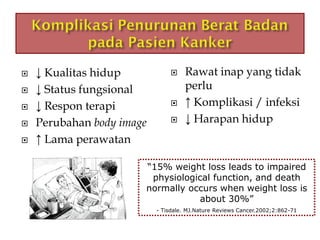  ↓ Kualitas hidup
 ↓ Status fungsional
 ↓ Respon terapi
 Perubahan body image
 ↑ Lama perawatan
 Rawat inap yang tidak
perlu
 ↑ Komplikasi / infeksi
 ↓ Harapan hidup
“15% weight loss leads to impaired
physiological function, and death
normally occurs when weight loss is
about 30%”
- Tisdale. MJ.Nature Reviews Cancer.2002;2:862-71
 