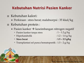  Kebutuhan
 Perkiraan :
 Kebutuhan
kalori:
stres berat; malabsorpsi : 35 kkal/kg
protein :
 Pasien kanker  keseimbangan nitrogen negatif
: 1 – 1.2 g/kg
: 1.2 – 1.6 g/kg
: 1.5 – 2.5 g/kg




Pasien kanker tanpa stres
Hiperkatabolik
Stres berat
Transplantasi sel punca hematopoetik : 1.5 – 2 g/kg
Grant, B.Krause’s, Nutrition & Diet Therapy 2007
 