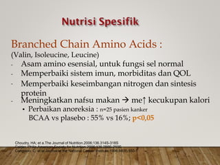 Branched Chain Amino Acids :
(Valin, Isoleucine, Leucine)
Asam amino esensial, untuk fungsi sel normal
Memperbaiki sistem imun, morbiditas dan QOL
Memperbaiki keseimbangan nitrogen dan sintesis
protein
-
-
-
Meningkatkan nafsu makan  me↑ kecukupan
• Perbaikan anoreksia : n=25 pasien kanker
BCAA vs plasebo : 55% vs 16%; p<0,05
kalori
-
Choudry, HA; et a.The Journal of Nutrition.2006;136.314S-318S
Calder, Philip.American Society for Nutrition.2006;136.288S-293S
Cangiano, C; et al.Journal of the National Cancer Institute.1996;88(8).550-1
 