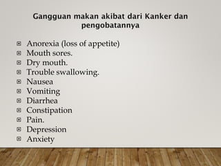 Anorexia (loss of appetite)
Mouth sores.
Dry mouth.
Trouble swallowing.
Nausea
Vomiting
Diarrhea
Constipation
Pain.
Depression
Anxiety











 