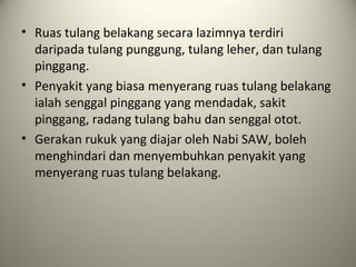 • Ruas tulang belakang secara lazimnya terdiri
daripada tulang punggung, tulang leher, dan tulang
pinggang.
• Penyakit yang biasa menyerang ruas tulang belakang
ialah senggal pinggang yang mendadak, sakit
pinggang, radang tulang bahu dan senggal otot.
• Gerakan rukuk yang diajar oleh Nabi SAW, boleh
menghindari dan menyembuhkan penyakit yang
menyerang ruas tulang belakang.
 