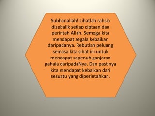 Subhanallah! Lihatlah rahsia
disebalik setiap ciptaan dan
perintah Allah. Semoga kita
mendapat segala kebaikan
daripadanya. Rebutlah peluang
semasa kita sihat ini untuk
mendapat sepenuh ganjaran
pahala daripadaNya. Dan pastinya
kita mendapat kebaikan dari
sesuatu yang diperintahkan.
 