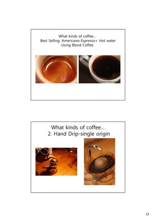 12 
What kinds of coffee… 
Best Selling: Americano-Espresso+ Hot water 
Using Blend Coffee 
What kinds of coffee… 
2. Hand Drip-single origin 
 