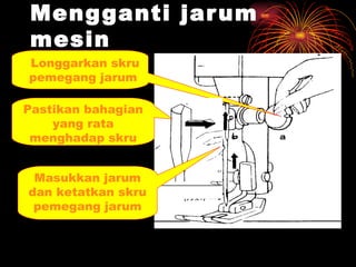 Mengganti jarum mesin Pastikan bahagian yang rata menghadap skru Masukkan jarum dan ketatkan skru pemegang jarum Longgarkan skru pemegang jarum 