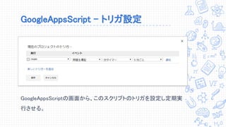 GoogleAppsScript - トリガ設定
GoogleAppsScriptの画面から、このスクリプトのトリガを設定し定期実
行させる。
 