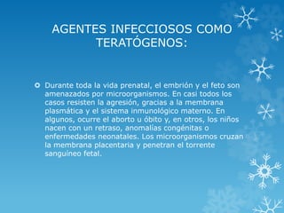 AGENTES INFECCIOSOS COMO
TERATÓGENOS:

 Durante toda la vida prenatal, el embrión y el feto son
amenazados por microorganismos. En casi todos los
casos resisten la agresión, gracias a la membrana
plasmática y el sistema inmunológico materno. En
algunos, ocurre el aborto u óbito y, en otros, los niños
nacen con un retraso, anomalías congénitas o
enfermedades neonatales. Los microorganismos cruzan
la membrana placentaria y penetran el torrente
sanguíneo fetal.

 