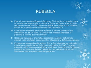 RUBEOLA
 Este virus es un teratógeno infeccioso. El virus de la rubeola cruza
la membrana placentaria e infecta al feto o embrión. Cuanto más
temprano ocurre la infección en la gestación materna con rubéola,
mayor es el peligro de malformaciones del embrión.
 La infección materna primaria durante el primer trimestre del
embarazo, es de un 20%. El virus de la rubéola atraviesa la
placenta e infecta al embrión/feto.
 Ocasiona cataratas, anomalías cardiacas, sordera, deficiencia
mental (microcefalia), coriorrenintis, glaucoma y defectos dentales.
 El riesgo de anomalías durante el 2do y 3er trimestre es reducido
(10%) pero puede haber defectos funcionales del SNC (retraso
mental) y oído interno (perdida de audición). Cuando la infección se
produce en fases tardías del desarrollo. No existen indicios de
anomalías tras el quinto mes de gestación.

 
