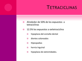 TETRACICLINAS
 Alrededor de 50% de los expuestos a
tetraciclinas
 12.5% los expuestos a oxitetraciclina
 hipoplasia del esmalte dental
 dientes coloreados
 Hipospadias
 hernia inguinal
 hipoplasia de extremidades.
 
