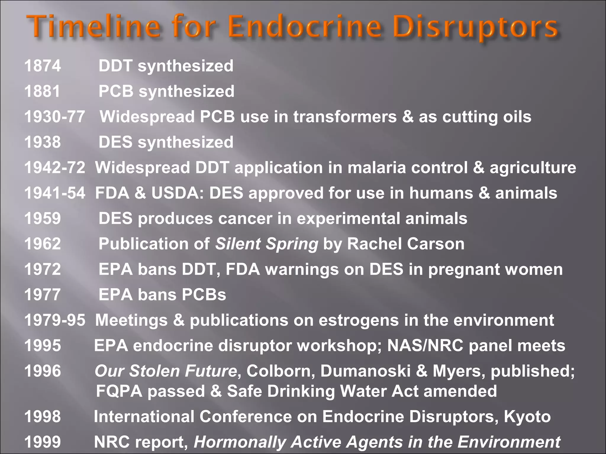 1874

DDT synthesized

1881

PCB synthesized

1930-77 Widespread PCB use in transformers & as cutting oils
1938

DES synthesized

1942-72 Widespread DDT application in malaria control & agriculture
1941-54 FDA & USDA: DES approved for use in humans & animals
1959

DES produces cancer in experimental animals

1962

Publication of Silent Spring by Rachel Carson

1972

EPA bans DDT, FDA warnings on DES in pregnant women

1977

EPA bans PCBs

1979-95 Meetings & publications on estrogens in the environment
1995

EPA endocrine disruptor workshop; NAS/NRC panel meets

1996

Our Stolen Future, Colborn, Dumanoski & Myers, published;
FQPA passed & Safe Drinking Water Act amended

1998

International Conference on Endocrine Disruptors, Kyoto

1999

NRC report, Hormonally Active Agents in the Environment

 