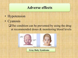 • Hypotension
• Cyanosis
The condition can be prevented by using the drug
at recommended doses & monitoring blood levels
Gray Baby Syndrome
Adverse effects
 