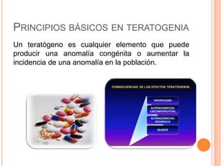 PRINCIPIOS BÁSICOS EN TERATOGENIA
Un teratógeno es cualquier elemento que puede
producir una anomalía congénita o aumentar la
incidencia de una anomalía en la población.
 