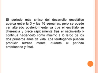 El período más critico del desarrollo encefálico
abarca entre la 3 y las 16 semanas, pero se puede
ver alterado posteriormente ya que el encéfalo se
diferencia y crece rápidamente tras el nacimiento y
continua haciéndolo como mínimo a lo lardo de los
dos primeros años de vida. Los teratógenos pueden
producir retraso mental durante el período
embrionario y fetal.
 