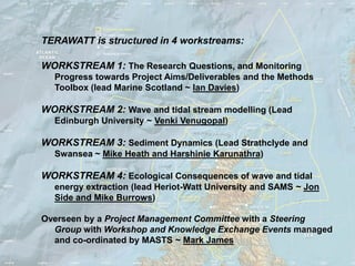 TERAWATT is structured in 4 workstreams:

WORKSTREAM 1: The Research Questions, and Monitoring
  Progress towards Project Aims/Deliverables and the Methods
  Toolbox (lead Marine Scotland ~ Ian Davies)

WORKSTREAM 2: Wave and tidal stream modelling (Lead
  Edinburgh University ~ Venki Venugopal)

WORKSTREAM 3: Sediment Dynamics (Lead Strathclyde and
  Swansea ~ Mike Heath and Harshinie Karunathra)

WORKSTREAM 4: Ecological Consequences of wave and tidal
  energy extraction (lead Heriot-Watt University and SAMS ~ Jon
  Side and Mike Burrows)

Overseen by a Project Management Committee with a Steering
  Group with Workshop and Knowledge Exchange Events managed
  and co-ordinated by MASTS ~ Mark James
 