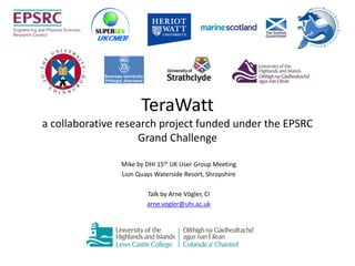 TeraWatt
a collaborative research project funded under the EPSRC
                    Grand Challenge

                Mike by DHI 15th UK User Group Meeting
                Lion Quays Waterside Resort, Shropshire

                        Talk by Arne Vӧgler, CI
                        arne.vogler@uhi.ac.uk
 