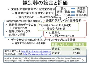 ReOu	
5	
 ?
Paragraph	
 ?Vector	
 ?[Le	
 ?2014]	
?? vBΥǩ`	
 ?
?? 2,060,255	
 ?
?? Aӥեȥޥå	
 ?
äѧ	
 ?
إƥå؎	
?? L1t	
 ?
?? ѥ`	
 ?	
 ?=	
 ?1.0	
 ?
TSUKUBA	
 ?`ѥ	
 ?4,309	
 ?
?? Oԥ٥븶	
?? ǩ`åȤ7:1˷֤֩`ȥȥåפˤu	
 ?
?? ϶ĤΤߤΥ˥ڥåȤ򿼲	
 ?
Le,	
 ?Q.	
 ?V.,	
 ?&	
 ?Mikolov,	
 ?T.	
 ?(2014).	
 ?Distributed	
 ?Representa3ons	
 ?of	
 ?Sentences	
 ?and	
 ?Documents.	
 ?
Proceedings	
 ?of	
 ?The	
 ?31st	
 ?Interna3onal	
 ?Conference	
 ?on	
 ?Machine	
 ?Learning,	
 ?pp.	
 ?1188C1196	
?? xkǰ˿϶ĤȷĤRe	
 ?
?? ʽS줬ṩSǩ`ʹ	
 ?
?? ȤΥӥ`Oԥ٥븶ĺ	
 ?
	
 ?
飬Ҫ	
 ?
˥`ȥ	
 ?
϶	
 ?
񶨵	
 ?
Re	
 ?
S칫_ǩ`:	
 ?hhp://rit.rakuten.co.jp/opendataj.html	
 ?
TSUKUBA`ѥ:	
 ?hhp://www.nlp.mibel.cs.tsukuba.ac.jp/~inui/SA/corpus/	
 ?
^٥	
 Reƶ	
϶	
 93.9%	
񶨵	
 67.4%	
 