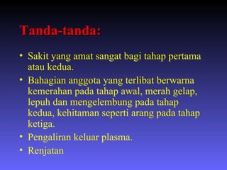 Tanda-tanda: Sakit yang amat sangat bagi tahap pertama atau kedua. Bahagian anggota yang terlibat berwarna kemerahan pada tahap awal, merah gelap, lepuh dan mengelembung pada tahap kedua, kehitaman seperti arang pada tahap ketiga. Pengaliran keluar plasma. Renjatan 