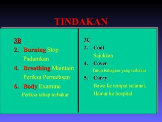 TINDAKAN 3B Burning  Stop Padamkan Breathing  Maintain Periksa Pernafasan Body  Examine Periksa tahap terbakar 3C Cool Sejukkan Cover Tutup bahagian yang terbakar Carry Bawa ke tempat selamat. Hantar ke hospital 