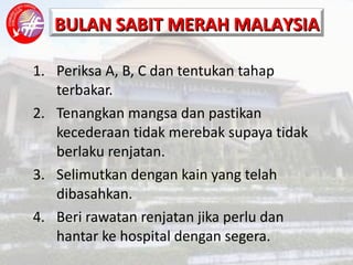 Periksa A, B, C dan tentukan tahap terbakar. Tenangkan mangsa dan pastikan kecederaan tidak merebak supaya tidak berlaku renjatan. Selimutkan dengan kain yang telah dibasahkan. Beri rawatan renjatan jika perlu dan hantar ke hospital dengan segera. 