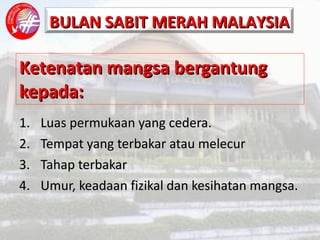 Ketenatan mangsa bergantung kepada: Luas permukaan yang cedera. Tempat yang terbakar atau melecur Tahap terbakar Umur, keadaan fizikal dan kesihatan mangsa. 