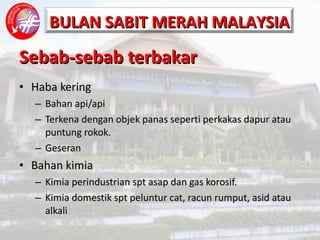 Sebab-sebab terbakar Haba kering Bahan api/api Terkena dengan objek panas seperti perkakas dapur atau puntung rokok. Geseran Bahan kimia Kimia perindustrian spt asap dan gas korosif. Kimia domestik spt peluntur cat, racun rumput, asid atau alkali 