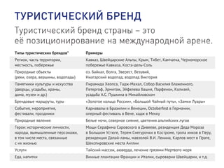 ТУРИСТИЧЕСКИЙ БРЕНД
Туристический бренд страны – это
её позиционирование на международной арене.
Типы туристических брендов*
Регион, часть территории,
местность, побережье
Природные объекты
(реки, озера, вершины, водопады)
Памятники культуры и искусства
(дворцы, усадьбы, храмы,
дома, музеи и др.)
Брендовые маршруты, туры
События, мероприятия,
фестивали, праздники
Природные явления
Герои: исторические личности,
народы, вымышленные персонажи,
в том числе места, связанные
с их жизнью
Услуги
Еда, напитки
Примеры
Кавказ, Швейцарские Альпы, Крым, Тибет, Камчатка, Черноморское
побережье Кавказа, Коста-дель-Соль
оз. Байкал, Волга, Эверест, Везувий,
Ниагарский водопад, водопад Виктория
Пирамида Хеопса, Тадж-Махал, Собор Василия Блаженного,
Петергоф, Эрмитаж, Эйфелева башня, Парфенон, Колизей,
усадьба А.С. Пушкина в Михайловском
«Золотое кольцо России», «Большой Чайный путь», «Замки Луары»
Карнавалы в Бразилии и Венеции, Octoberfest в Германии,
оперный фестиваль в Вене, хадж в Мекку
Белые ночи, северное сияние, цветения альпийских лугов
Мощи Серафима Саровского в Дивееве, резиденция Деда Мороза
в Большом Устюге, Терем Снегурочки в Костроме, тропа инков в Перу,
резиденция Далай-ламы, мавзолей В.И. Ленина, Карлов мост в Праге,
Шекспировские места Англии
Тайский массаж, аюверда, лечение грязями Мертвого моря
Винные плантации Франции и Италии, сыроварни Швейцарии, и т.д.
 