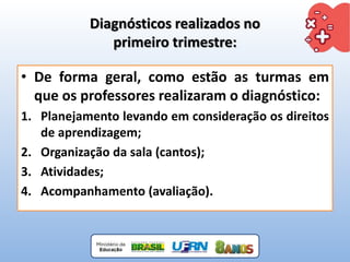 Diagnósticos realizados no
primeiro trimestre:
• De forma geral, como estão as turmas em
que os professores realizaram o diagnóstico:
1. Planejamento levando em consideração os direitos
de aprendizagem;
2. Organização da sala (cantos);
3. Atividades;
4. Acompanhamento (avaliação).
 