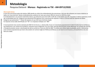 PesquisaRegistradanoTSEsobocódigodenúmeroAM-09713/2020
Observação técnica
A soma dos percentuais pode não totalizar 100% devido ao critério de arredondamento dos percentuais, visto que não utilizamos em nossos relatórios os
dados com casas decimais. Nestes arredondamentos, podemos ter casos que somam 99% (ou menos) ou 101% (ou mais).
O arredondamento é um conceito matemático básico, que determina que entre 0,0% e 0,4% são arredondados para 0%, enquanto os valores superiores a 0,5%
são arredondados para 1%. Categorias que apresentam 0% significam que o percentual de respostas é inferior a 0,5% do total de respostas da tabela.
Categorias que apresentam “-” (traço) são aquelas em que não houve nenhuma citação.
As respostas únicas estão identificada com “RU” e as respostas múltiplas com “RM”.
O recenseamento mais recente realizado pelo IBGE foi há 10 anos, e, desde então, houve um crescimento populacional em determinados bairros de Manaus,
que duplicaram o seu número de moradores, enquanto outros estagnaram. Por essa razão, para que não houvesse muitas diferenças nas variáveis de controle,
a Perspectiva decidiu manter a distribuição dos bairros conforme o Censo de 2010 do IBGE. O correto seria utilizar dados atualizados, porém, infelizmente,
esses números populacionais por bairro não existem em nenhum órgão da Prefeitura de Manaus ou do Governo do Amazonas, principalmente os da zona
Norte da cidade.
Metodologia
Pesquisa Eleitoral - Manaus - Registrada no TSE - AM-09713/2020
4
 