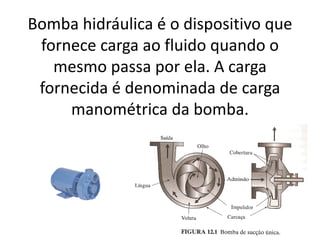 Bomba hidráulica é o dispositivo que
 fornece carga ao fluido quando o
   mesmo passa por ela. A carga
 fornecida é denominada de carga
     manométrica da bomba.
 