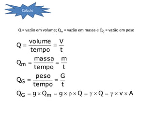 Cálculo




Q = vazão em volume; Qm = vazão em massa e QG = vazão em peso

   volume V
Q          
    tempo      t
     massa m
Qm          
     tempo       t
      peso     G
QG         
     tempo t
QG  g  Qm  g    Q    Q    v  A
 