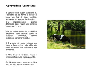 Aproveite a luz natural 1-Sempre que puder, aproveite-a. Posicione-se de forma a deixar a fonte de luz à suas costas, aproveitando assim a iluminação.  2-É impressionante quanta diferença pode fazer um simples passo para o lado.  3-A luz difusa de um dia nublado é excelente para realçar cores e suavizar contornos, sendo excelente para tirar retratos.  4-É preciso de muito cuidado ao usar o flash. A luz dele, além de forte, tem uma cor diferente a do ambiente. 5- Uma luz dura vai deixar rugas e imperfeições muito mais aparente. 6- Já notou como sempre se fica feio em foto 3x4? Eis a resposta.  