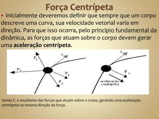  Inicialmente deveremos definir que sempre que um corpo
descreve uma curva, sua velocidade vetorial varia em
direção. Para que isso ocorra, pelo principio fundamental da
dinâmica, as forças que atuam sobre o corpo devem gerar
uma aceleração centrípeta.




Sendo Fr a resultante das forças que atuam sobre o corpo, gerando uma aceleração
centrípeta na mesma direção da força.
 