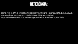 Referência:
Referência:
BRITO, F. M. E.. CAP. 4 – 3ª SEMANA DO DESENVOLVIMENTO – GASTRULAÇÃO. EmbrionHands -
uma imersão no estudo da embriologia humana, 2019. Disponível em:
https://embrionhands.uff.br/2019/09/03/gastrulacao-2/. Acesso em: 24, nov. 2023.
BRITO, F. M. E.. CAP. 4 – 3ª SEMANA DO DESENVOLVIMENTO – GASTRULAÇÃO. EmbrionHands -
uma imersão no estudo da embriologia humana, 2019. Disponível em:
https://embrionhands.uff.br/2019/09/03/gastrulacao-2/. Acesso em: 24, nov. 2023.
 