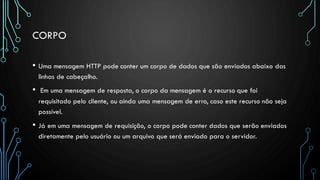 CORPO
• Uma mensagem HTTP pode conter um corpo de dados que são enviados abaixo das
linhas de cabeçalho.
• Em uma mensagem de resposta, o corpo da mensagem é o recurso que foi
requisitado pelo cliente, ou ainda uma mensagem de erro, caso este recurso não seja
possível.
• Já em uma mensagem de requisição, o corpo pode conter dados que serão enviados
diretamente pelo usuário ou um arquivo que será enviado para o servidor.
 