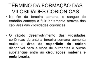 TÉRMINO DA FORMAÇÃO DAS
VILOSIDADES CORIÔNICAS
• No fim da terceira semana, o sangue do
embrião começa a fluir lentamente através dos
capilares das vilosidades coriônicas.
• O rápido desenvolvimento das vilosidades
coriônicas durante a terceira semana aumenta
muito a área da superfície do córion
disponível para a troca de nutrientes e outras
substâncias entre as circulações materna e
embrionária.
 