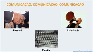 www.pacificocontabilidade.com
COMUNICAÇÃO, COMUNICAÇÃO, COMUNICAÇÃO
Escrita
A distãnciaPessoal
 