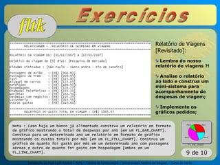 Introdução ao Fast Light Toolkit – FLTK – Ciência da Computação – Universidade Federal de Alagoas – Curso de Verão
9 de 10
Relatório de Viagens
[Revisitado]:
Lembra do nosso
relatório de viagens ?!
Analise o relatório
ao lado e construa um
mini-sistema para
acompanhamento de
despesas de viagem;
Implemente os
gráficos pedidos;
Nota : Caso haja um banco já alimentado construa um relatório em formato
de gráfico mostrando o total de despesas por ano [em um FL_BAR_CHART].
Construa para um determinado ano um relatório em formato de gráfico
mostrando os custos totais por mês [em um FL_FILL_CHART]. Construa um
gráfico de quanto foi gasto por mês em um determinado ano com passagens
aéreas e outro de quanto foi gasto com hospedagem [ambos em um
FL_LINE_CHART].
 
