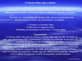 O Terceiro Setor hoje no Brasil       O Terceiro Setor é constituído por organizações privadas sem fins lucrativos que geram bens, serviços públicos e privados. Todas elas têm como objetivo o desenvolvimento político, econômico, social e cultural no meio em que atuam.       Exemplos de organizações do Terceiro Setor são as organizações não governamentais (ONGs), as associações e fundações.  - O Estado é o Primeiro Setor - O Mercado é o Segundo Setor  - Entidades da Sociedade Civil formam o Terceiro Setor Crescimento      O Terceiro Setor não para de crescer no Brasil. São mais de 250 mil ONGs no país, que movimentam R$ 12 bilhões/ano1, oriundos da prestação de serviços, do comércio de produtos e da arrecadação de doações.       O valor corresponde a 1,2% do PIB brasileiro e demonstra enorme potencial de crescimento, pois o setor já movimenta 6% do PIB em países da Europa e nos EUA. Outro dado confirma a expansão: em 1995, entre as pessoas físicas, no Brasil, havia 15 milhões de doadores2, número que em 1998 já havia triplicado, chegando a 44,2 milhões de pessoas, ou 50% da população adulta brasileira 