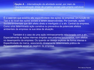 Opção A  -  Internalização da atividade social, por meio da  Operacionalização direta de projetos sociais pela própria estrutura Organizacional da empresa. É o caso em que existiria alta especificidade das ações da empresa, em função do Tipo e do local das ações sociais a serem desenvolvidas. Por exemplo, ações  Sociais/ambientais que têm efeito direto e interligado c/ a atv. Central da empresa, Como uma determinada ação corretiva ou preventiva de potenciais efeitos  ambientais da empresa na sua área de atuação. Também é o caso de uma ação intrinsecamente relacionada com a atv.,  Especialmente as ações internas dirigidas aos próprios funcionários, com efeitos  no desempenho da empresa. Ou quando se deseja explorar de forma intensa a  Especificidade da marca, associando diretamente determinada prática de  Responsabilidade social ao negócio da empresa. 
