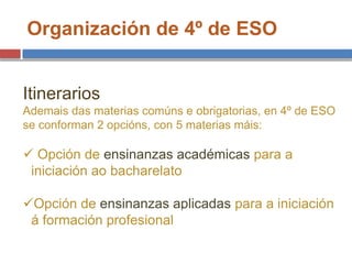 Organización de 4º de ESO
Itinerarios
Ademais das materias comúns e obrigatorias, en 4º de ESO
se conforman 2 opcións, con 5 materias máis:
 Opción de ensinanzas académicas para a
iniciación ao bacharelato
Opción de ensinanzas aplicadas para a iniciación
á formación profesional
 