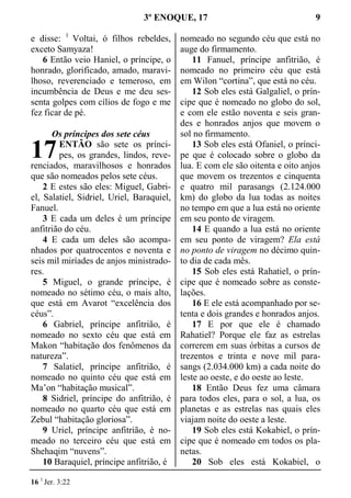 3º ENOQUE, 17 9
e disse: 1
Voltai, ó filhos rebeldes,
exceto Samyaza!
6 Então veio Haniel, o príncipe, o
honrado, glorificado, amado, maravi-
lhoso, reverenciado e temeroso, em
incumbência de Deus e me deu ses-
senta golpes com cílios de fogo e me
fez ficar de pé.
Os príncipes dos sete céus
ENTÃO são sete os prínci-
pes, os grandes, lindos, reve-
renciados, maravilhosos e honrados
que são nomeados pelos sete céus.
2 E estes são eles: Miguel, Gabri-
el, Salatiel, Sidriel, Uriel, Baraquiel,
Fanuel.
3 E cada um deles é um príncipe
anfitrião do céu.
4 E cada um deles são acompa-
nhados por quatrocentos e noventa e
seis mil miríades de anjos ministrado-
res.
5 Miguel, o grande príncipe, é
nomeado no sétimo céu, o mais alto,
que está em Avarot “excelência dos
céus”.
6 Gabriel, príncipe anfitrião, é
nomeado no sexto céu que está em
Makon “habitação dos fenômenos da
natureza”.
7 Salatiel, príncipe anfitrião, é
nomeado no quinto céu que está em
Ma’on “habitação musical”.
8 Sidriel, príncipe do anfitrião, é
nomeado no quarto céu que está em
Zebul “habitação gloriosa”.
9 Uriel, príncipe anfitrião, é no-
meado no terceiro céu que está em
Shehaqim “nuvens”.
10 Baraquiel, príncipe anfitrião, é
nomeado no segundo céu que está no
auge do firmamento.
11 Fanuel, príncipe anfitrião, é
nomeado no primeiro céu que está
em Wilon “cortina”, que está no céu.
12 Sob eles está Galgaliel, o prín-
cipe que é nomeado no globo do sol,
e com ele estão noventa e seis gran-
des e honrados anjos que movem o
sol no firmamento.
13 Sob eles está Ofaniel, o prínci-
pe que é colocado sobre o globo da
lua. E com ele são oitenta e oito anjos
que movem os trezentos e cinquenta
e quatro mil parasangs (2.124.000
km) do globo da lua todas as noites
no tempo em que a lua está no oriente
em seu ponto de viragem.
14 E quando a lua está no oriente
em seu ponto de viragem? Ela está
no ponto de viragem no décimo quin-
to dia de cada mês.
15 Sob eles está Rahatiel, o prín-
cipe que é nomeado sobre as conste-
lações.
16 E ele está acompanhado por se-
tenta e dois grandes e honrados anjos.
17 E por que ele é chamado
Rahatiel? Porque ele faz as estrelas
correrem em suas órbitas a cursos de
trezentos e trinta e nove mil para-
sangs (2.034.000 km) a cada noite do
leste ao oeste, e do oeste ao leste.
18 Então Deus fez uma câmara
para todos eles, para o sol, a lua, os
planetas e as estrelas nas quais eles
viajam noite do oeste a leste.
19 Sob eles está Kokabiel, o prín-
cipe que é nomeado em todos os pla-
netas.
20 Sob eles está Kokabiel, o
16 1
Jer. 3:22
17
 